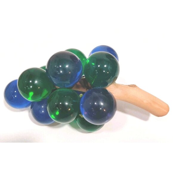 Extra Large Vintage MCM Blue Green Lucite Grapes Cluster On Wood Stem 7+" READ - Picture 4 of 11